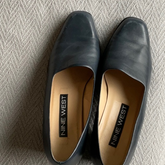 Nine West Block Heel Square Toe High Heeled Shoes Pumps 7 Blue Leather Upper - Picture 10 of 11